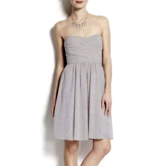 Ann Taylor Size 2 Coin Grey Polka Dot Tulle Strapless Sweetheart Dress Feminine - Picture 1 of 15